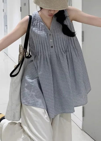Wrinkled Cotton Shirts Neck Sleeveless Plaid V French