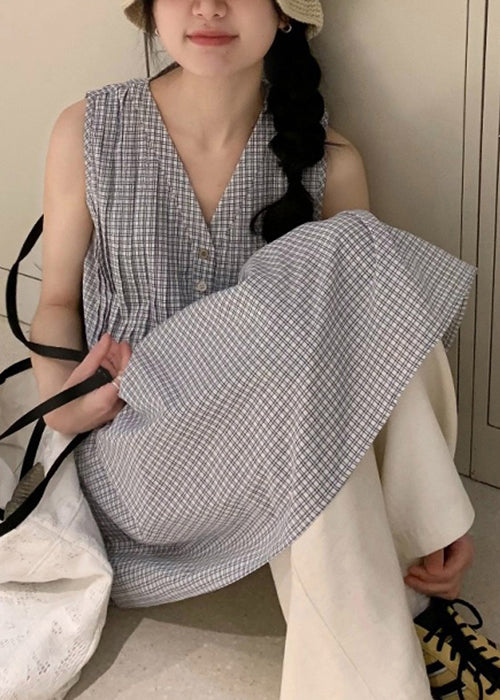 Wrinkled Cotton Shirts Neck Sleeveless Plaid V French