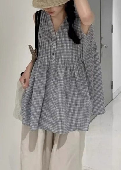 Wrinkled Cotton Shirts Neck Sleeveless Plaid V French