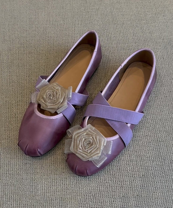 French Purple Flats Cowhide Leather Fine Splicing Floral YC033