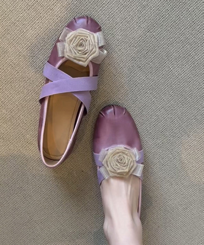 French Purple Flats Cowhide Leather Fine Splicing Floral YC033