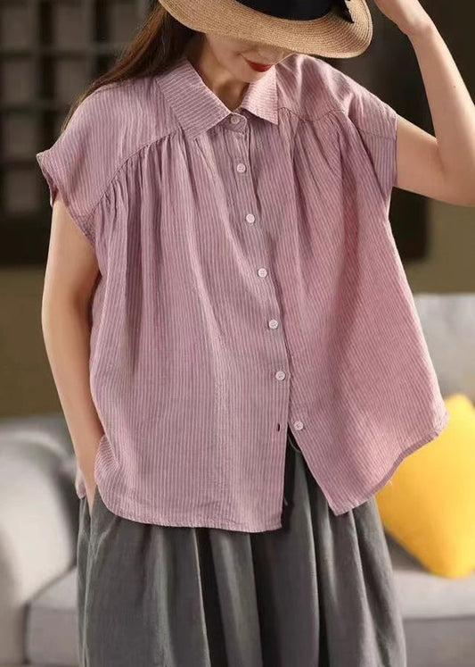Purple Striped Linen Peter Pan Summer Collar French Blouses