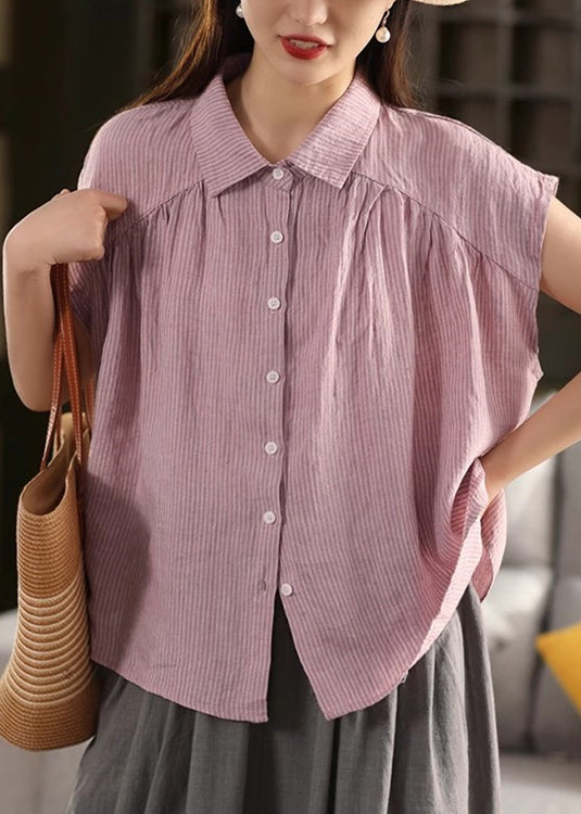 Purple Striped Linen Peter Pan Summer Collar French Blouses