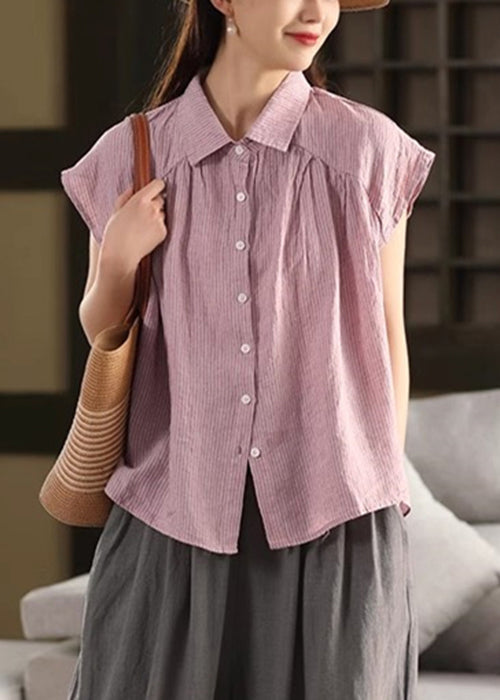Purple Striped Linen Peter Pan Summer Collar French Blouses