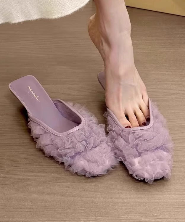 Slide Purple Wrinkled Kitten Tulle Sandals French