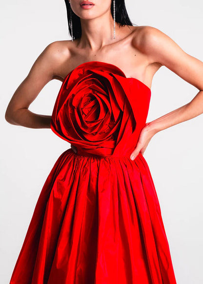 Patchwork Holiday French Maxi Rose Summer Shoulder Cold Dress Red