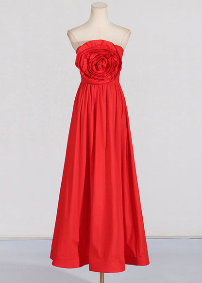 Patchwork Holiday French Maxi Rose Summer Shoulder Cold Dress Red