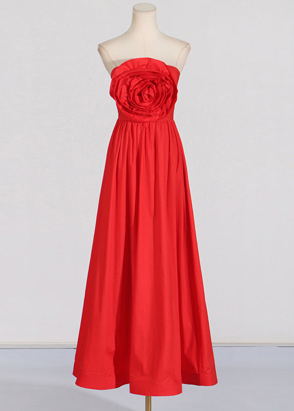 Patchwork Red Dress Maxi Rose Holiday Summer French Cold Shoulder