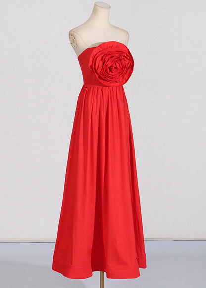 Patchwork Red Dress Maxi Rose Holiday Summer French Cold Shoulder