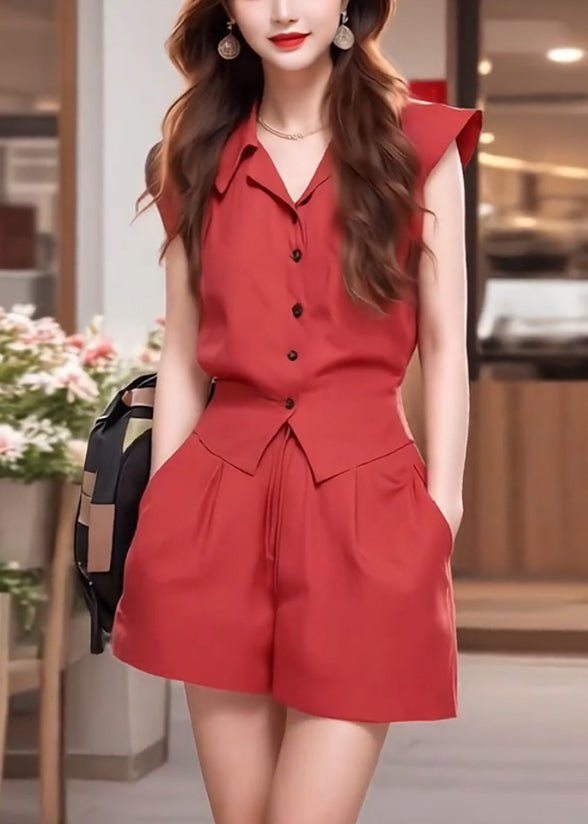 Button Red Pan Two-Piece Summer Peter Set Collar Cotton French