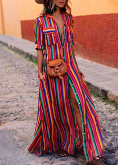 Shirts Button Summer French Red Cotton Dresses Striped