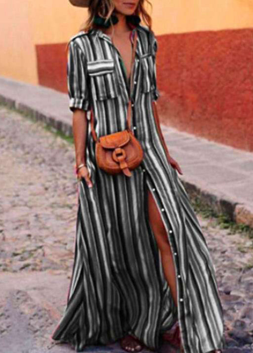 Shirts Button Summer French Red Cotton Dresses Striped