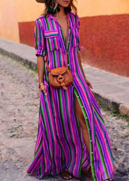 Shirts Button Summer French Red Cotton Dresses Striped