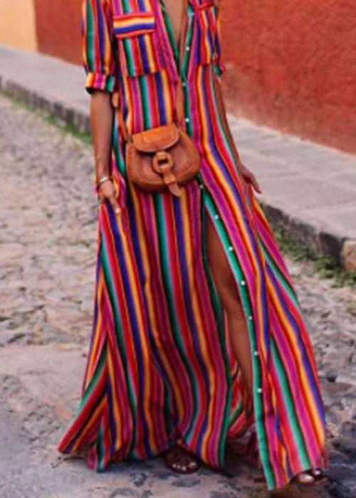 Cotton Striped Dresses Button French Red Shirts Summer