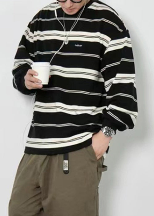 French Mens Red T Striped O-Neck Cotton Spring Shirts