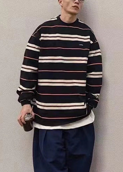 French Mens Red T Striped O-Neck Cotton Spring Shirts