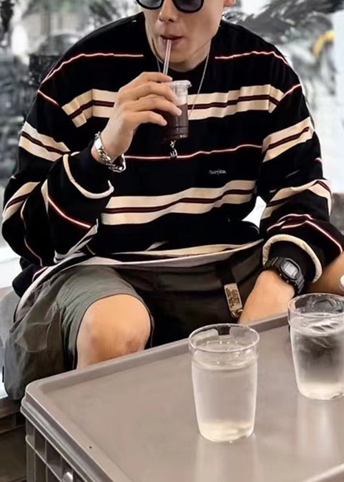 French Mens Red T Striped O-Neck Cotton Spring Shirts