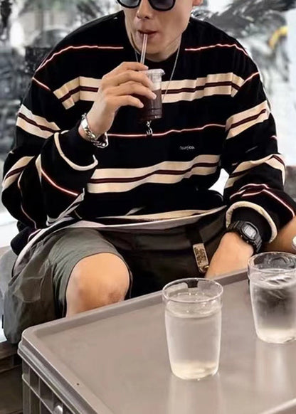 French Mens Red T Striped O-Neck Cotton Spring Shirts