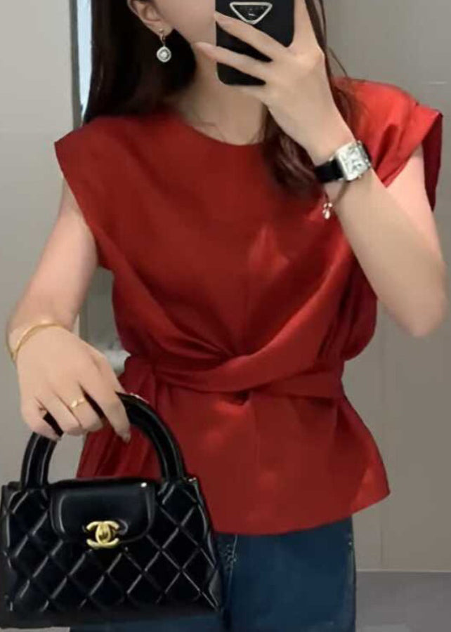 Waist Red Sleeveless Top Solid French Tie