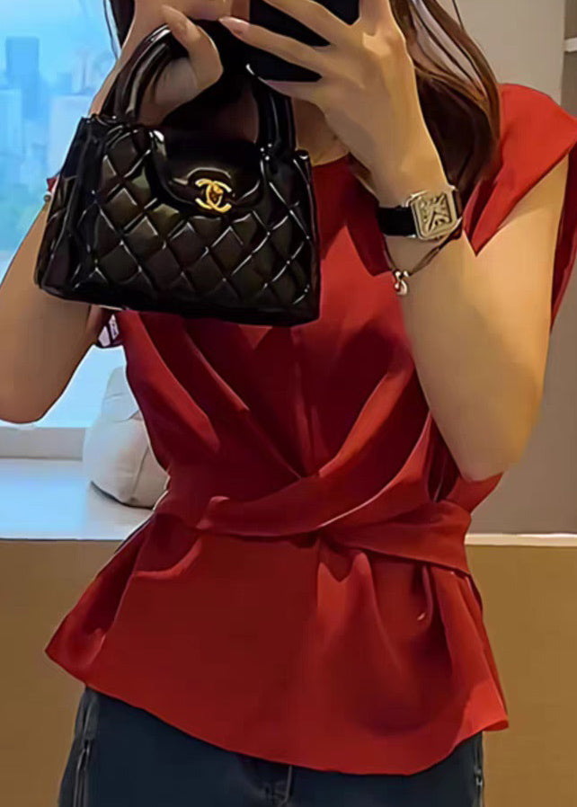 Waist Red Sleeveless Top Solid French Tie