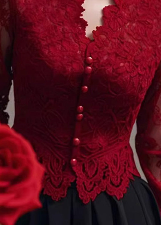 Fit Spring Neck Tops Lace Shirt Slim V Red French