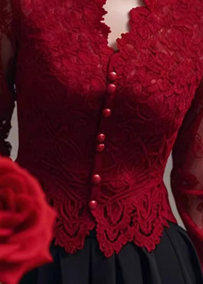 Fit Spring Neck Tops Lace Shirt Slim V Red French