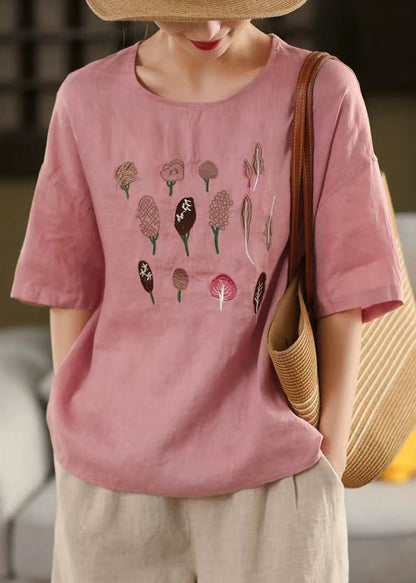 French Half Side Cotton Open Rose Embroidered Sleeve Shirt T