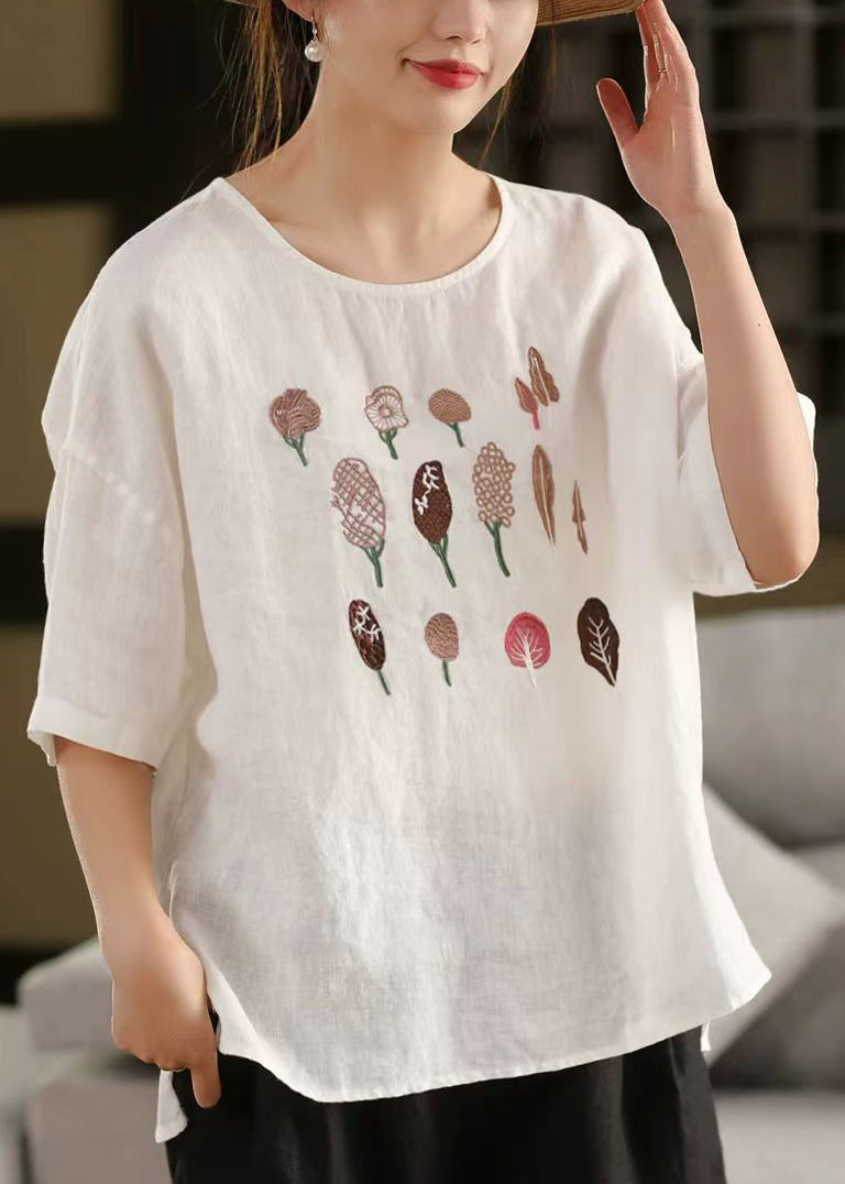 French Half Side Cotton Open Rose Embroidered Sleeve Shirt T