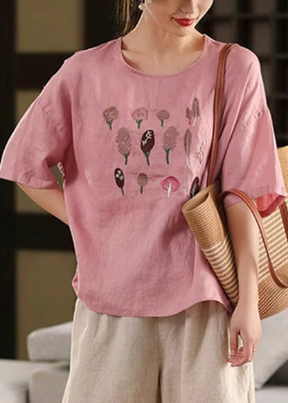 French Half Side Cotton Open Rose Embroidered Sleeve Shirt T