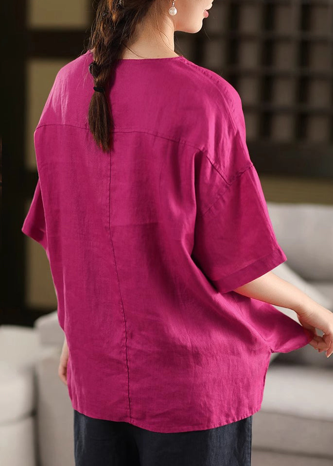 French Half Side Cotton Open Rose Embroidered Sleeve Shirt T