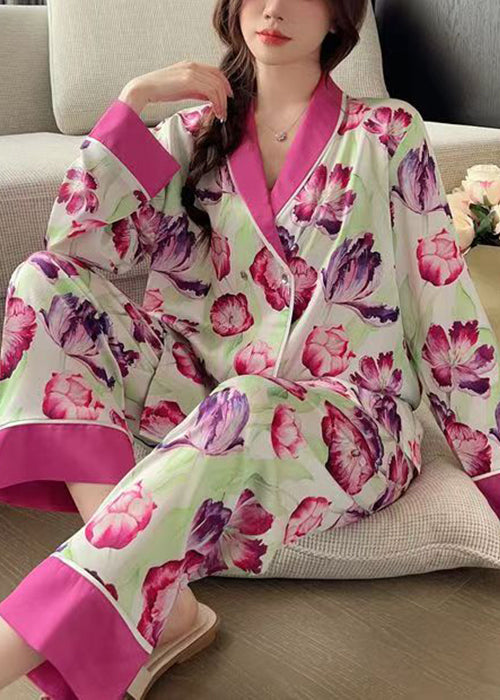 French Rose Peter Pan Collar Print Ice Silk Pajamas 2 Piece Outfit Spring YK018