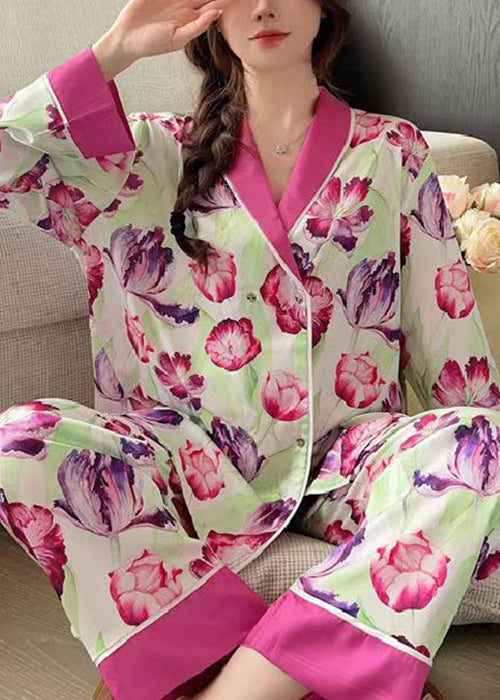 French Rose Peter Pan Collar Print Ice Silk Pajamas 2 Piece Outfit Spring YK018