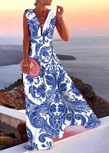 French Rose V Neck Patchwork Chiffon Long Dress Sleeveless TH042