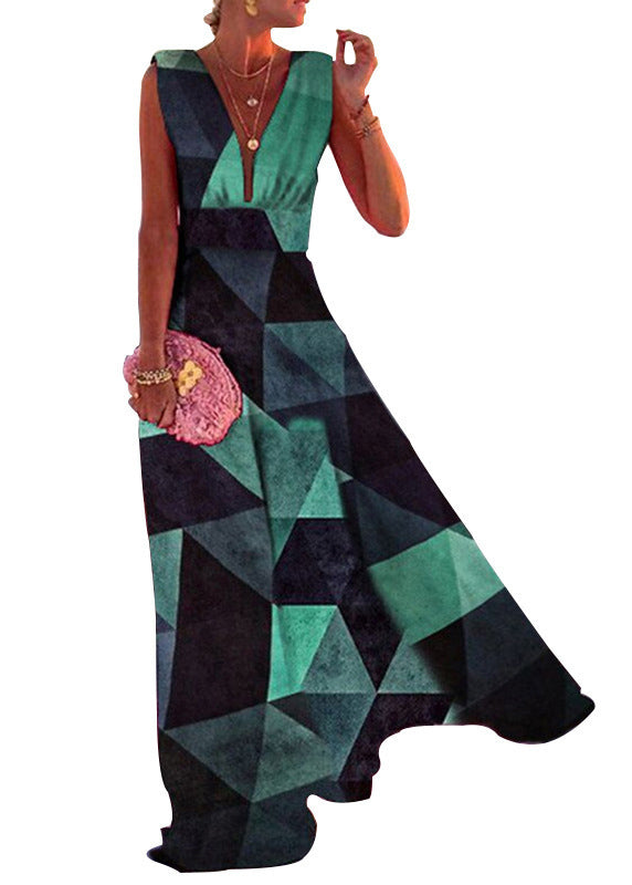 French Rose V Neck Patchwork Chiffon Long Dress Sleeveless TH042