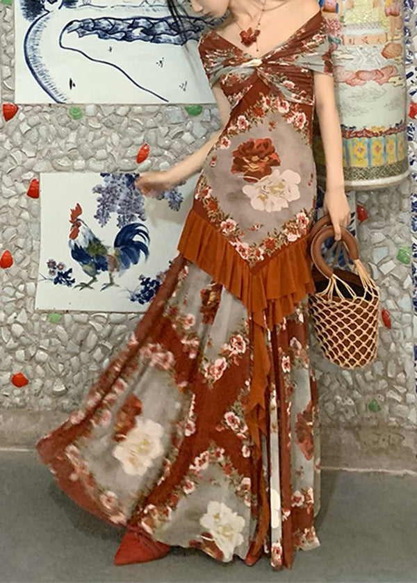 Patchwork Long French Summer Cotton Ruffled Dress Print