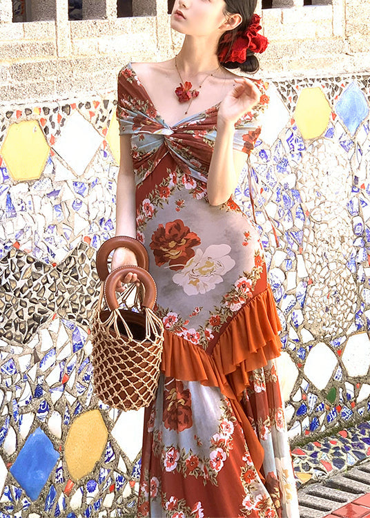 Patchwork Long French Summer Cotton Ruffled Dress Print