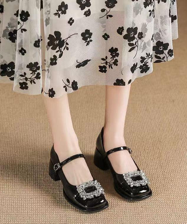 French Splicing Buckle Strap Zircon Chunky Heel Black Faux Leather DD1042