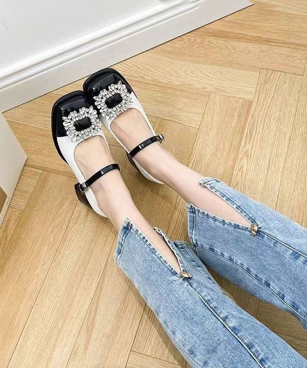 French Splicing Buckle Strap Zircon Chunky Heel Black Faux Leather DD1042