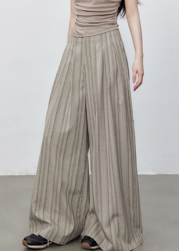 Pockets Cotton Wide Striped Pants French Button Leg Waist High
