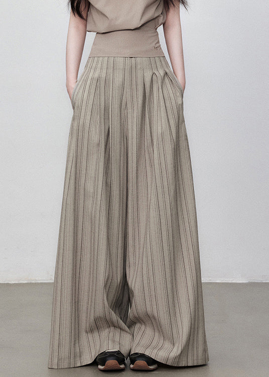 Pockets Cotton Wide Striped Pants French Button Leg Waist High