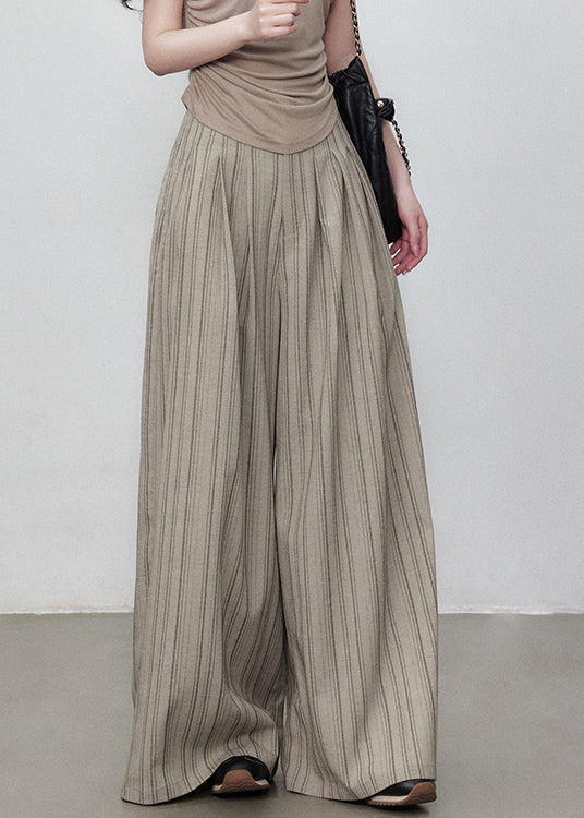 Pockets Cotton Wide Striped Pants French Button Leg Waist High