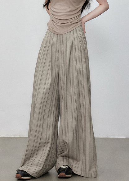 Pockets Cotton Wide Striped Pants French Button Leg Waist High