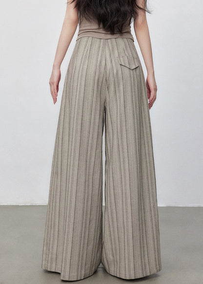 Pockets Cotton Wide Striped Pants French Button Leg Waist High