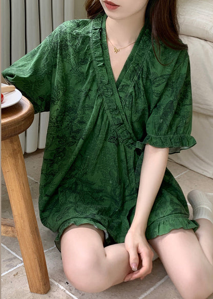 Pajama Sets Ruffled French Cotton Tea Green Print Summer