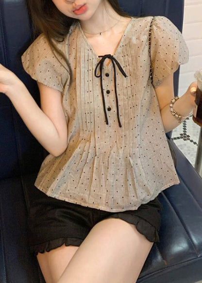 V Neck French Top Up Puff Sleeve Lace Cotton Wrinkled