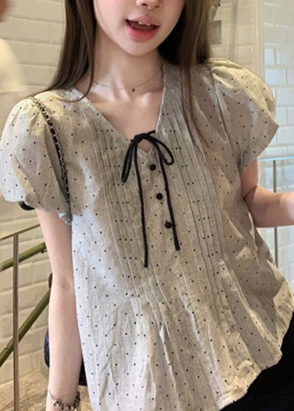 V Neck French Top Up Puff Sleeve Lace Cotton Wrinkled