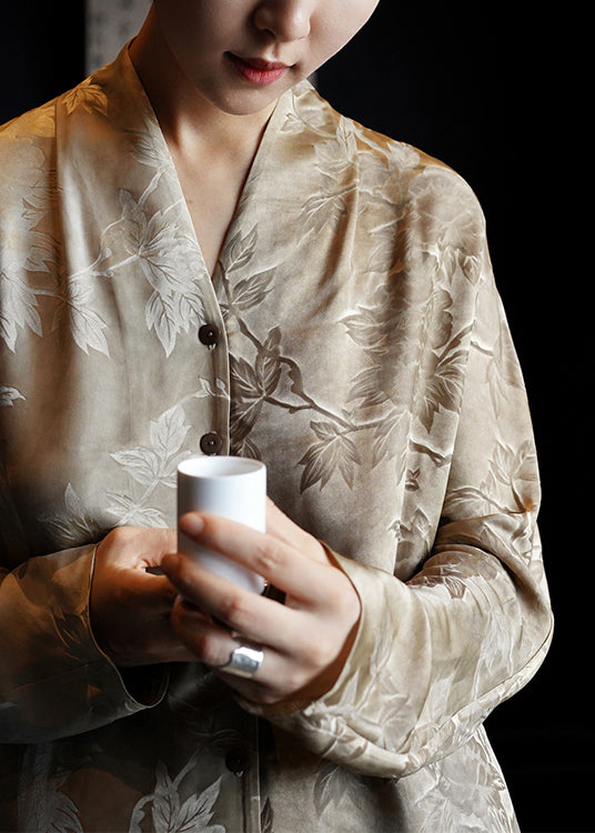 French V Shirts Fall Dresses Neck Button Silk Print