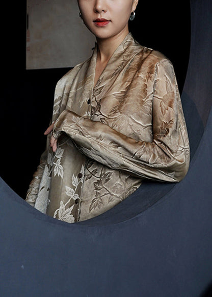 Button Silk Neck Shirts Print Dresses V Fall French