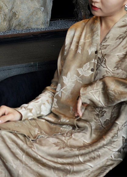 French V Shirts Fall Dresses Neck Button Silk Print