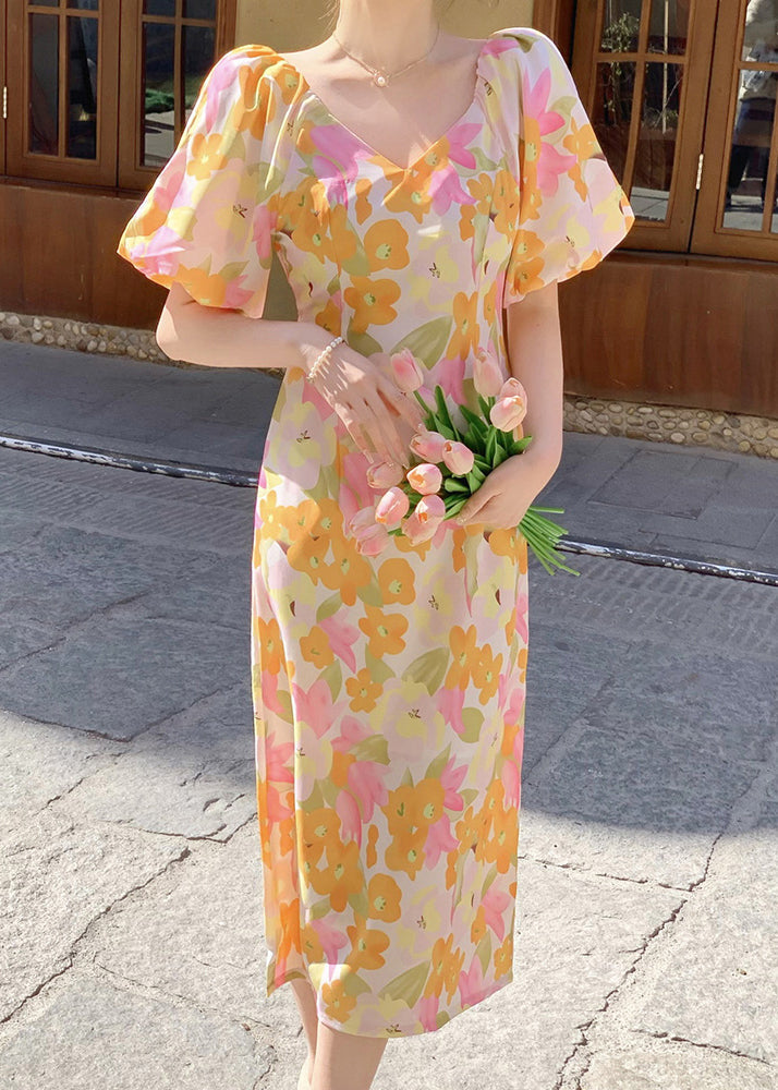 French V Neck Print Side Open Cotton Long Dress Summer XX050